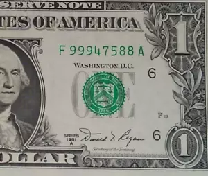 ((HIGH SERIAL #)) $1 1981A (CHOICE CU) - FANCY SERIAL # ** PAPER CURRENCY - Picture 1 of 3