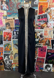 Vtg 60s-70s Black Silver Gold Sequin Ric Rac Sleeveless Band Collar Maxi Dress - Picture 1 of 9
