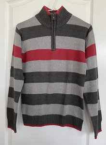Urban Boy’s Teen's Long Sleeve Red Gray Stripe Zip Turtleneck Jumper Sweater - Picture 1 of 12
