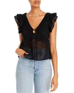 AQUA Crochet Flutter Sleeve Top Women's M Black V-Neck Keyhole O-Ring Detail - Picture 1 of 12