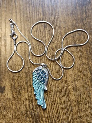 Teal Angel Wing Feather Pendant With  20" Sterling Necklace WING IS NOT STERLING - Image 1 of 3