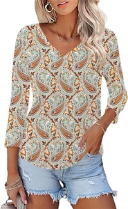Women'S V Neck T Shirts 3/4 Sleeve Blouse Summer Tops Dressy Casual Solid Basic - Picture 1 of 13