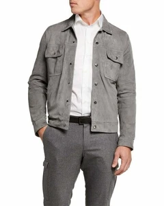 Men's Real Suede Leather Shirt Premium Trucker Jacket Denim Jean Style Grey - Picture 1 of 6