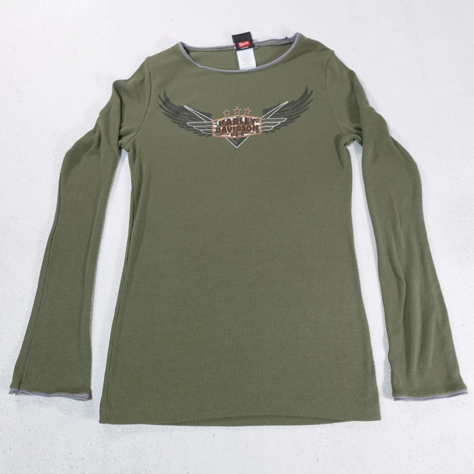 Camisa Harley Davidson para mujer grande verde manga larga con logotipo alado top de motociclista Foto 1 de 4