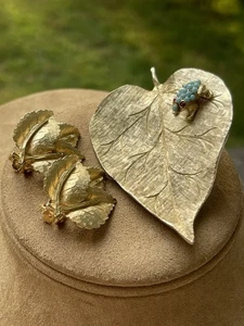 Vintage Leda 1969 Brosche und BSK Ohrringe Blatt Frosch - Bild 1 von 23