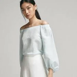 MASSIMO DUTTI Cyan Linen Off Shoulder Striped Top Blouse Mint Green Size 8 - Picture 1 of 5