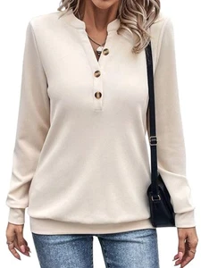 Womens V Neck Long Sleeve Sweatshirts Half Button Lightweight Pullover Fashio... - Picture 1 of 6