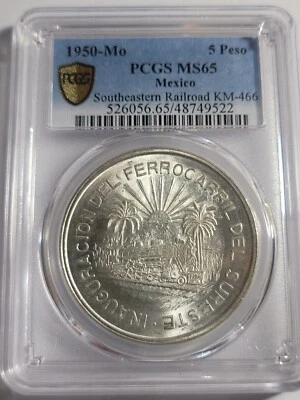 1950-Mo México Southern Railroad 5 pesos PCGS MS 65 | KM-466 -Muito brilhante 🌞  - Imagem 1 de 4