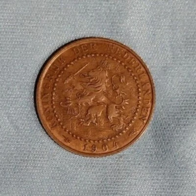 1904 NETHERLANDS 1 CENT, AU+/UNC COND & GREAT PATINA FREE US / $2.50 GLOBAL SHIP - Image 1 of 3