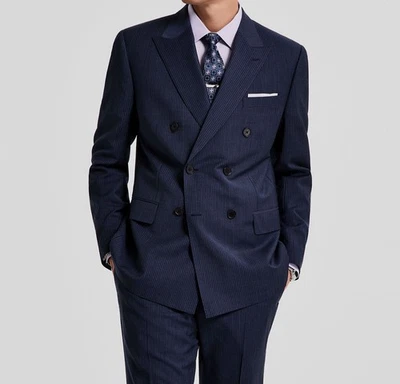 B by Brooks Brothers Men's Blue Pinstriped Double-Breasted Suit Jacket Size 44L - Image 1 of 3