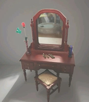 Dollhouse Miniature Vanity Desk Antique Replica Matching Stool 1:12 Scale China - Image 1 of 4
