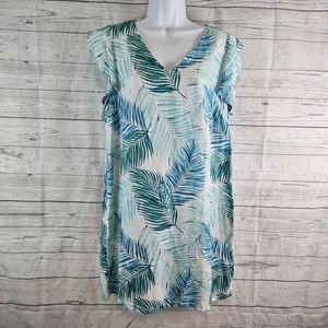 Tahari Damen Leinenkleid Gr. Medium blau weiß Palmblattmuster V-Ausschnitt - Bild 1 von 4