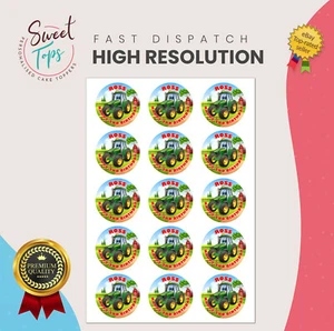 15X TRACTOR 2" ROUND EDIBLE BIRTHDAY CUPCAKE TOPPERS PERSONALISED  - Picture 1 of 1