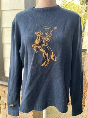 Suéter de lã azul marinho bordado à mão Cowboy Western M - Imagem 1 de 4