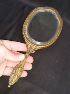 ancien Miroir face à main en bronze , miroir biseauté