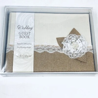 Libro de invitados de boda CR Gibson espacio para 1000 entradas marfil arpillera perlas encaje nuevo en caja Foto 1 de 4
