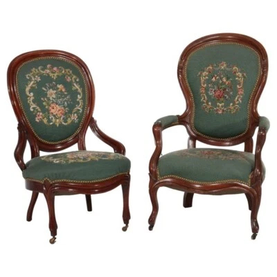 Pair Renaissance Revival Carved Walnut & Needlepoint Parlor Armchairs C1880 - Image 1 of 4