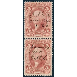 US Revenue Stamp 5c R28c, PAIR, playing cards, US Civil War Tax Act - Picture 1 of 4