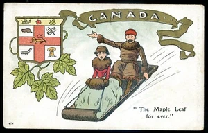 KANADA PATRIOTISCHE POSTKARTE 1910er Maple Leaf Crest Rodeln Wintersport - Bild 1 von 2