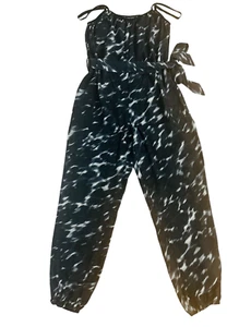 TOPSHOP Black White Tie Dye Jumpsuit Full Length Loose Flowy Pockets Belt Size 6 - Picture 1 of 11