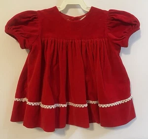 VTG Holiday Dress Size 24 Months Red Velveteen Lace Trim - Picture 1 of 8