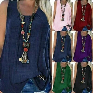 Womens Linen Comfy Beach Vest Blouses Loose Summer Casual Cami Tee Shirt Tops UK - Picture 1 of 66