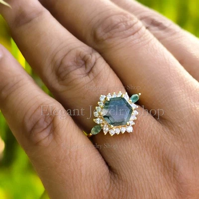 Anillo de Compromiso Diamante Natural Musgo Ágata Cóctel Oro Sólido 14K Joyería Regalo Foto 1 de 4