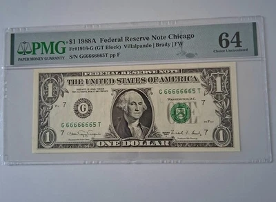$1 1988A Near Solid Binary Serial Number Federal Reserve Note Bill PMG 64 - Image 1 of 4
