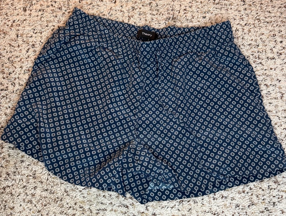 Pantalones cortos Theory Kinzie 100 % seda para mujer talla pequeña cordón azul oscuro geométrico Foto 1 de 4