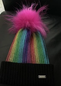 Bari Lynn Kid Girl's beanie bearing Hat One Size Rainbow With Hot Pink Pompom - Picture 1 of 9