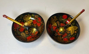(2) Khokhloma Russian Folk Art Hand Painted Wooden Bowls & Spoons - Picture 1 of 9