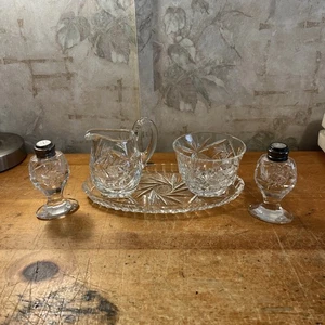 Vintage Bohemia Style Lead Crystal Pinwheel Starburst Hand Cut Sugar Creamer Etc - Picture 1 of 18