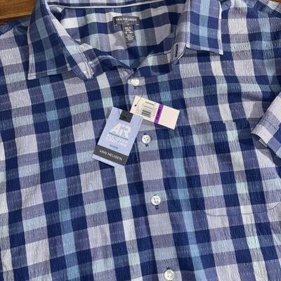 Van Heusen Air Shirt Men's 2XLT Blue Plaid Seersucker Cooling Wicking SS NEW - Image 1 of 4