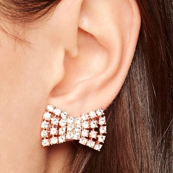 Kate Spade Clear & Rose Gold Sparkling Bow Stud Earrings O0ru1461