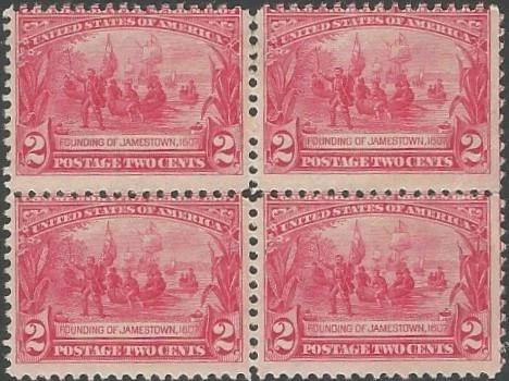 Block of 4 stamps - Scott 329 - 2 cent - Founding of Jamestown - 1907 - MLH - Image 1 of 1