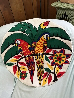 Vintage Venezuela Hooked Rug Wall Art Tapestry Pair Parrots 30" Circle Bohemian - Image 1 of 2