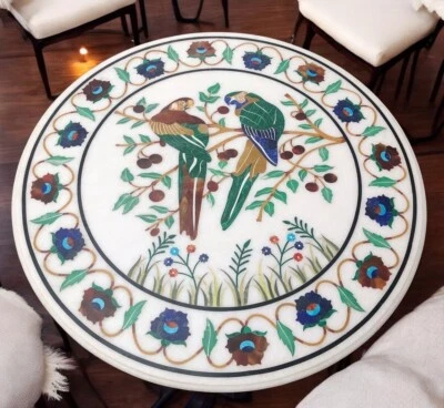 30" Round White Marble Coffee Table Malachite & Carnelian Parrot Arts Home Decor - Image 1 of 4