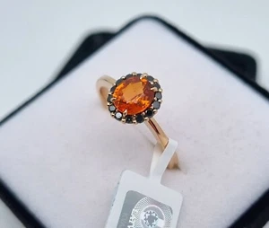Certified Ring with Natural Spessartine and Black Diamonds gems, Solid 14Karat - Picture 1 of 5