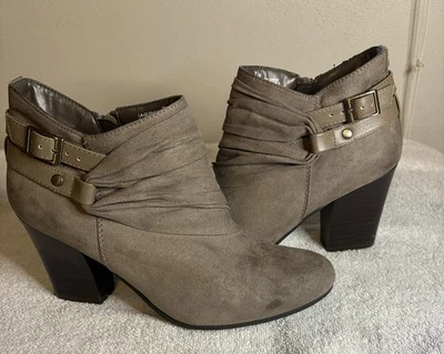 Laura Ashley La-Glencoe Taupe Faux Suede Chunky Heel Ankle Boots Size 7M - Image 1 of 4