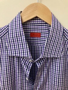EUC ISAIA Napoli Button Down Shirt Purple/White Gingham 17.5/44 - Picture 1 of 20