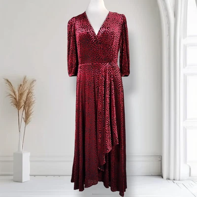 Maxi Vestido Calvin Klein Burnout Terciopelo Talla 10 Estampado de Punto Rojo Manga Abullonada Vacaciones Foto 1 de 4