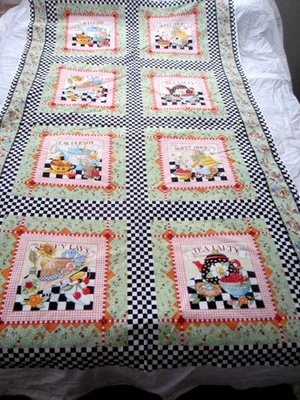 Vintage 8 Panels Cotton Fabric Mary Engelbreit Hats Bird House Tea Pots  1994 US - Image 1 of 4