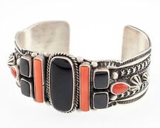 Kaizen Sterling Silver Red Coral and Onyx Native American Cuff Bracelet