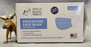 Case (600) Face Masks ASTM Level 3 Fluid Resistant Procedure Mask Apollo Medical - Picture 1 of 6