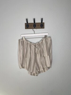 Torrid Drawstring Paperbag Waist Mid Short in Linen Stripe Taupe Size 1X - Image 1 of 4