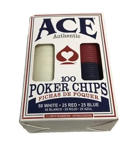 Ace Authentic 100 Poker Chips Plastic 50 White 25 Blue 25 Red - Picture 1 of 5