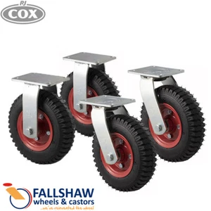 Fallshaw Heavy-Duty Steel Centred Air Pneumatic Castor Set of 2 Fixed, 2 Swivel - Picture 1 of 6