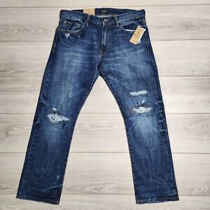 Men's Polo Ralph Lauren Varick Slim Straight Patch Distress Blue Jeans New
