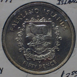 1977 FALKLAND ISLANDS QUEEN'S JUBILEE 50 PENCE COIN BRILLIANT UNCIRCULATED - Picture 1 of 2