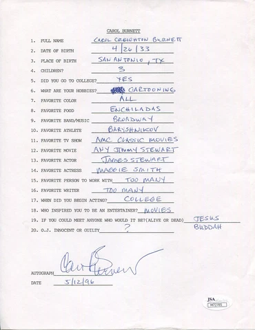 CAROL BURNETT HAND SIGNED+FILLED OUT 20 QUESTIONS         COMEDY LEGEND      JSA Cover